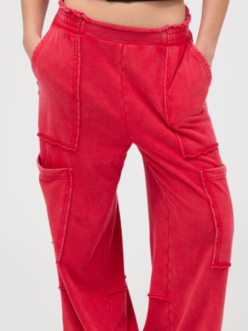 Mineral Wash Wide Leg Cargo Pants - RED